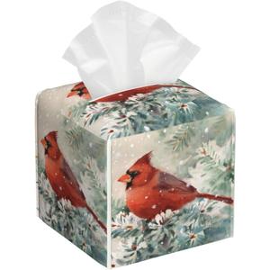 Tissue Box Cover, Winter Christmas Cardinal Bird Pu Leather Square Tissue Box Cover Case Organizer Cube Box Holder for Bathroom Vanity Countertop, Night Stands, Office Desk & Car 5.2X5.2X5.2'' (Color13)