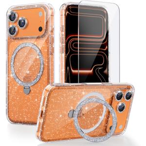 Compatible with iPhone 17 Pro Max Magnetic Case with Stand, Upgraded Clear Glitter Military-Grade Ring Kickstand Cover Case for Women Girls [1xScreen Protector] [1xCamera Lens Protector]-Clear