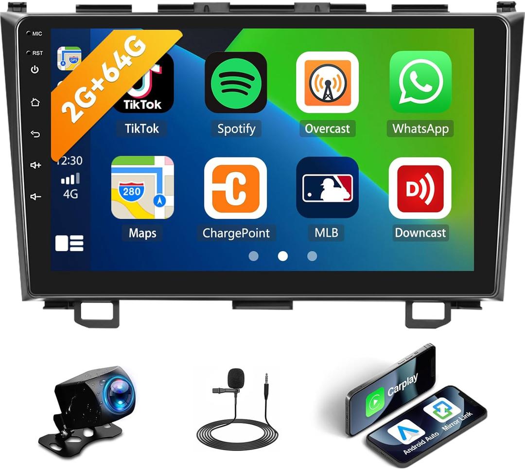 2G+64G Android Car Radio Stereo for Honda CRV 2007-2011 Wireless Apple CarPlay Android Auto Bluetooth 9 Inch Touch Screen GPS Navigation Head Unit Upgrade Radio Mirror Link WiFi Backup Camera Mic