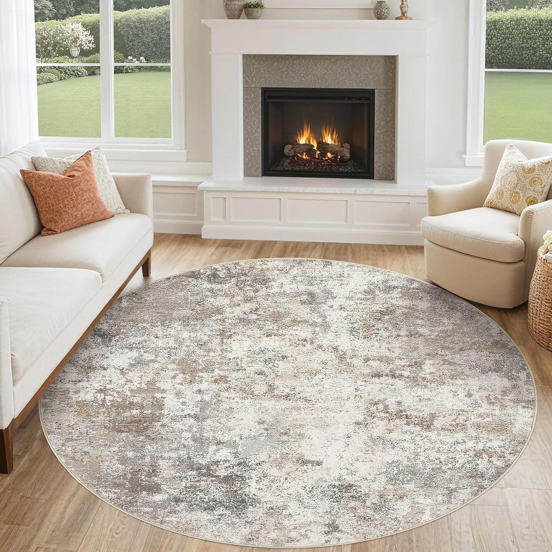 6ft Round Area Rug Living Room Rugs - 6x6 Washable Neutral Modern Abstract Soft Thin Rug Indoor Floor No Slip Rug Carpet for Bedroom Under Dining Table Home Office Decor - Brown Grey
