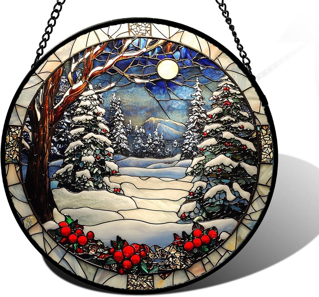 Stained Glass Window Hanging Christmas Tree Winter Snow Night Scenery 7.8" - Suncatcher Door Garden Kitchen Sun Catcher Home Decor Birthday for Mom Men Woman Friend (White)