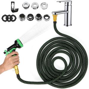 Indoor Sink Hose Attachment for Faucet - (50 FT) Faucet Hose with 7 Adapters for Kitchen Sink Bathroom Sink Faucet, Watering Houseplants, Washing Pets Car Household Cleaning 10-Function Nozzle