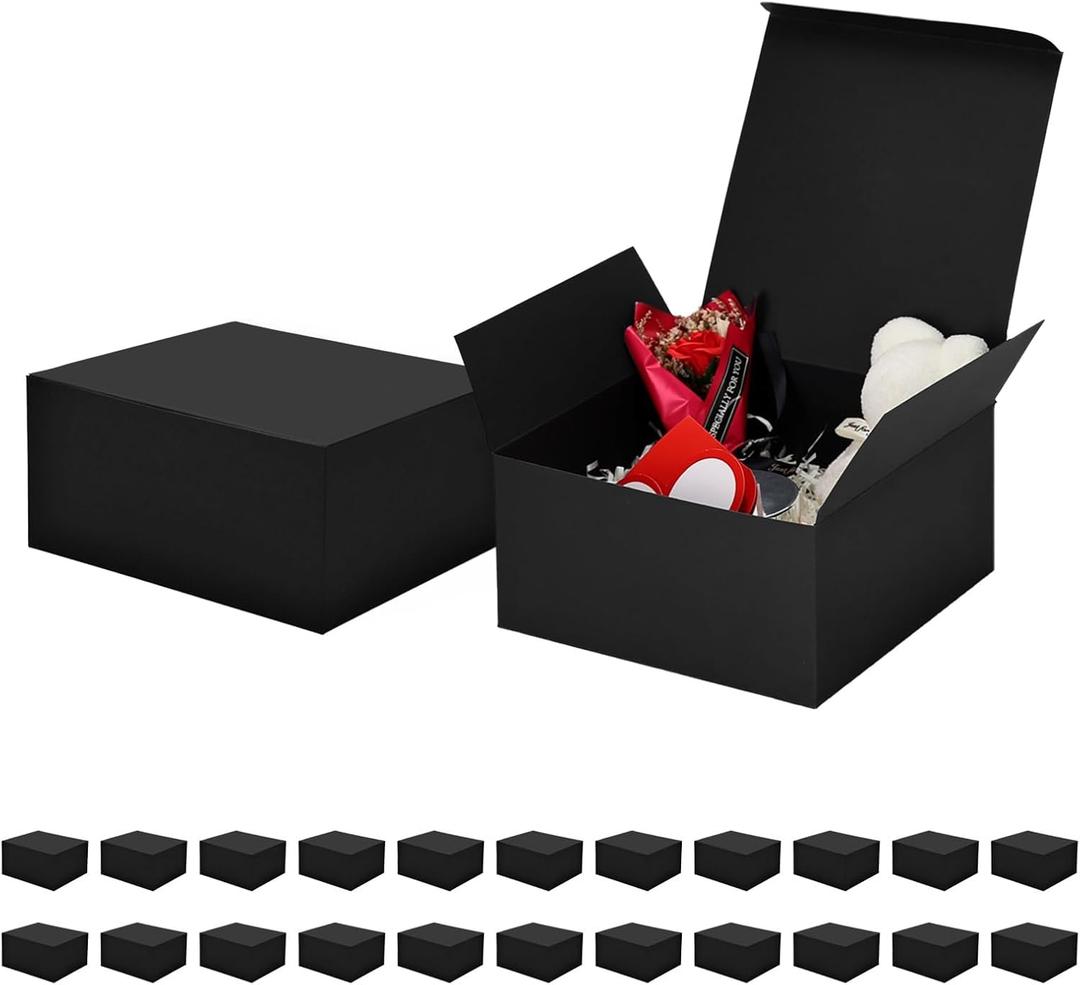 Aosric 24 Pack Black Gift Boxes 8x8x4 In  Premium Thick Cardstock Gift Boxes with Lids & Base Support  Small Party Favor Boxes for Wedding, Birthday, Baby Shower, Holiday Gifts