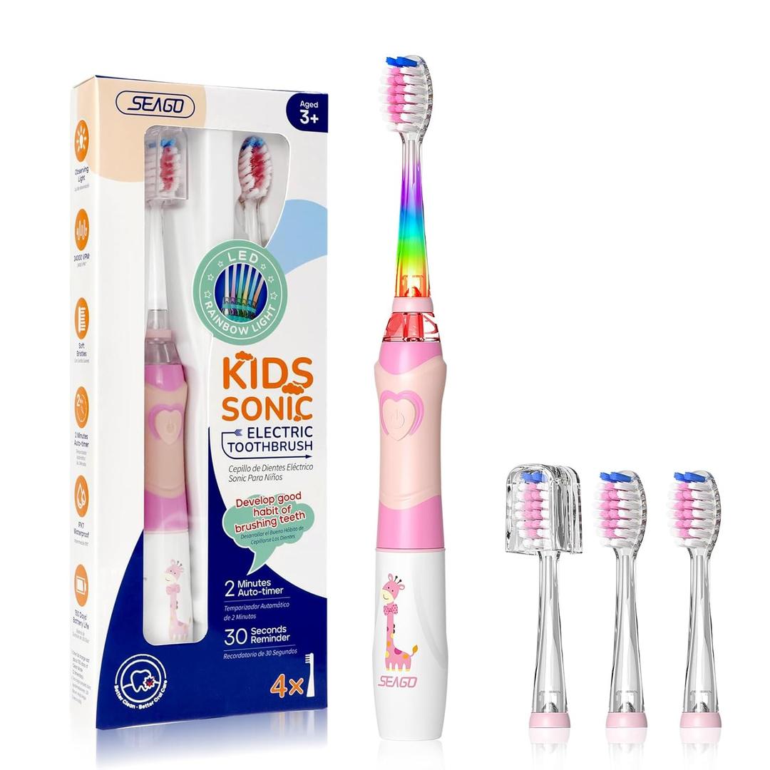SEAGO Kids Electric Toothbrush with 2 Mins Timer and 4 Replacement Bursh Heads, Rainbow LED Light Make Brushing Fun, Pink Color Girls Battery Powerd for 4-12 Years OldSG-977