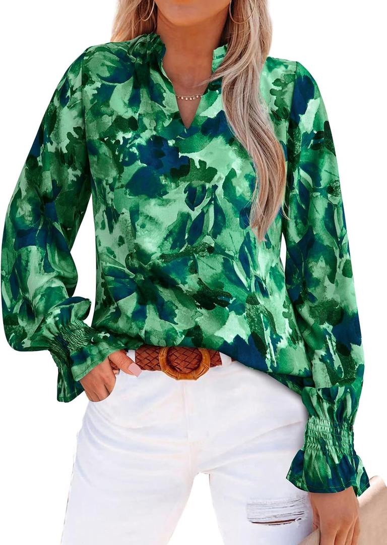 MASCOMODA Womens V Neck Floral Long Sleeve Tops 2025 Summer Casual Loose Puff Sleeve Chiffon Boho Work Blouse Dressy T Shirts (Green, L)