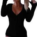 Roselux Women's Sexy Deep V Neck Shorts Long Sleeve Knitted One Piece Bodysuit Sexy Pajama Onesie Bodycon Rompers Overall (Medium)