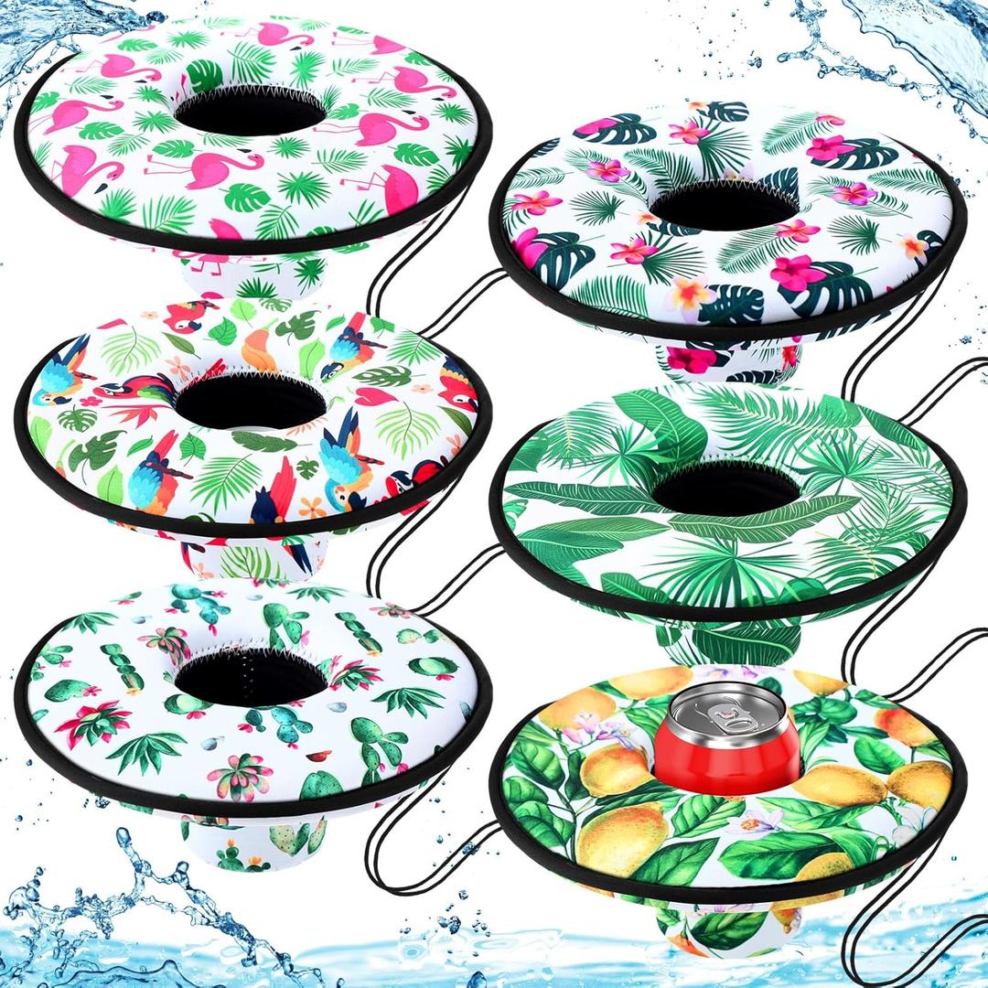 Funnymoom 6 Pcs Neoprene Floating Drink Holder Floating Coaster Pool Drink Floats Pool Beer Holder with Rope for Summer Theme Party Tub Lake Boat Water, Medium Size(Tropical Style)