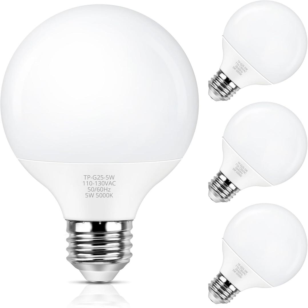 MAXvolador G25 LED Globe Light Bulbs 60W Equivalent, Daylight White 5000K Bathroom Vanity Round Bulb, 500LM E26 LED for Makeup Mirror, Non-Dimmable 4 Pack