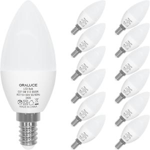 ORALUCE E12 LED Bulb 40 Watt Equivalent, 6500K Cool White Candelabra LED Light Bulbs Non-dimmable, Chandelier Light Bulbs Type B for Ceiling Fan, 5W 500LM 12 Pack