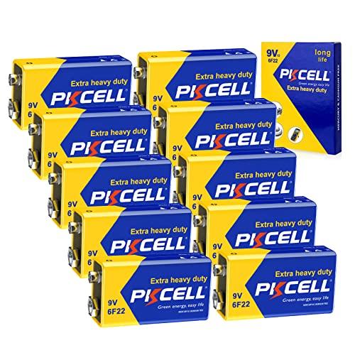 PKCELL 9V Batteries, 10 Pack 9 Volt Batteries Carbon Zinc, 9V Battery for Smoke Detector, Alarms, 6F22 Square Battery