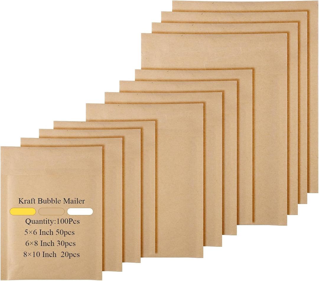 100 Pcs Kraft Bubble Mailers 3 Size Padded Envelopes Kraft Poly Mailers Bubble Lined Shipping Envelopes Mail Shipping Bags for CDs Book Business Supplies (Natural)