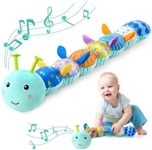 Awotoy Baby Toys 0 to 12 Months, Musical Stuffed Animal Activity Soft Toy with Multi-Sensory Crinkle, Rattle and Textures, Infant Tummy Time Toys for Newborn Boys Girls, Caterpillar, Blue