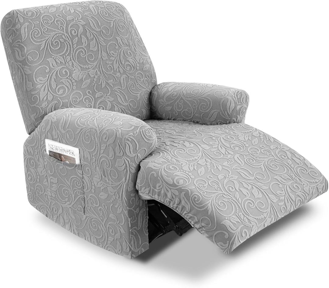 Lapalife Recliner Chair Covers,4-Pieces Chair Covers for Recliners with Side Pockets,Stretch Jacquard Chair Slipcover Furniture Protector for Pets and KidsRecliner,Grey