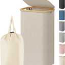 80L Laundry Basket with Lid, Clothes Hampers for Laundry with Bamboo Handles and 1 Removable Bag, Large Foldable Laundry Hamper for Bedroom, Bathroom, Dorm, Laundry Room, Beige