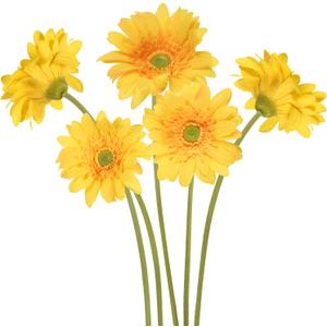 Yellow Gerbera Daisy Artificial Flowers  Real Touch Latex Silk Daisy Flowers 5PCS, 26.7" Long Stem Artificial Flowers for Summer Centerpieces, Home Decor Indoor, or Fake Wildflower Displays