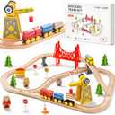 Tiny Land 55PCS Wooden Train Set - Compatible with Major Brand Tracks, Educational Toy for Toddlers & Kids Ages 3-7, Durable Wooden Railway Tracks