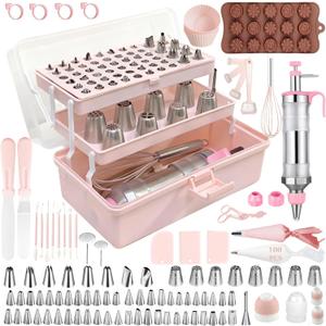 Gawren-H&E 208 PCS Cake Decorating Kit,Baking Supplies with Dessert Decorating Syringe Set,Storage Case,Icing Piping Bags and Tips Set,Frosting Fondant Bakery Set for Adults Beginners(Light Pink)