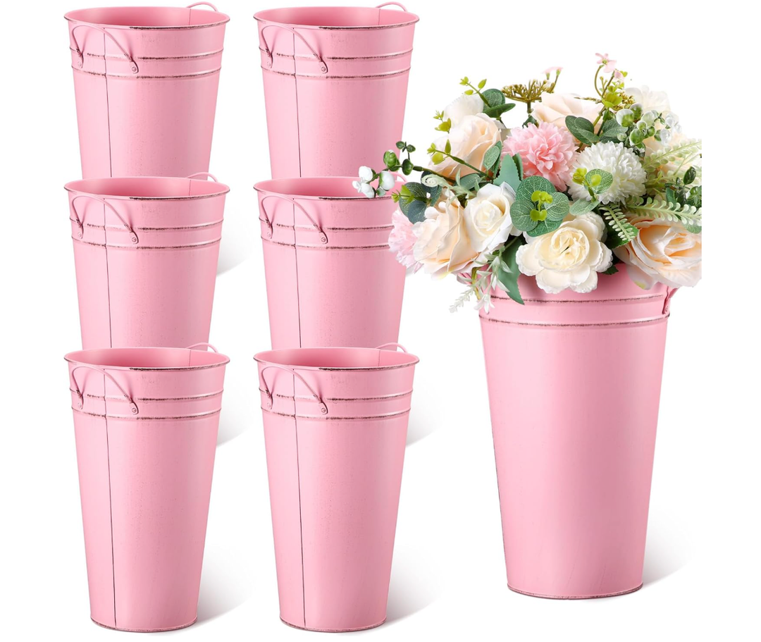 Irenare 12 Inch Vintage Galvanized Flower Bucket Metal Flower Vase Farmhouse French Bucket Planter Metal Floral Container for Party Table Centerpiece Weddings Home(Pink,6 Pcs)