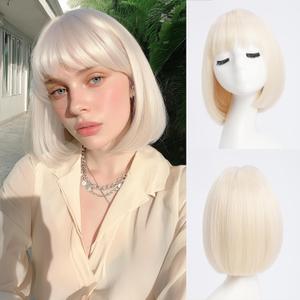 Short Platinum Blonde Straight Wig with Bangs Light Blonde Bob Wigs for Women Natural Looking 613 Blonde Synthetic Hair Heat Resistant Fiber Wig for Daily Party Cosplay (10 inch)