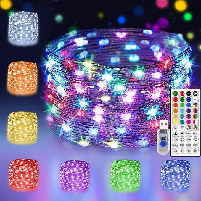 24 Multi Color Changing Fairy Lights USB Powered with Remote Control, 33ft 100 RGB LED Bright Silver Wire Starry String Lights for Christmas Tree, Wedding Party, Indoor, Garden, Bedroom Holiday Dcor