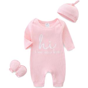 Newborn Unisex Baby Clothes 0-3 Months,Long Sleeve Onesie Infant Coming Home Outfits Romper with Mittens & Hat