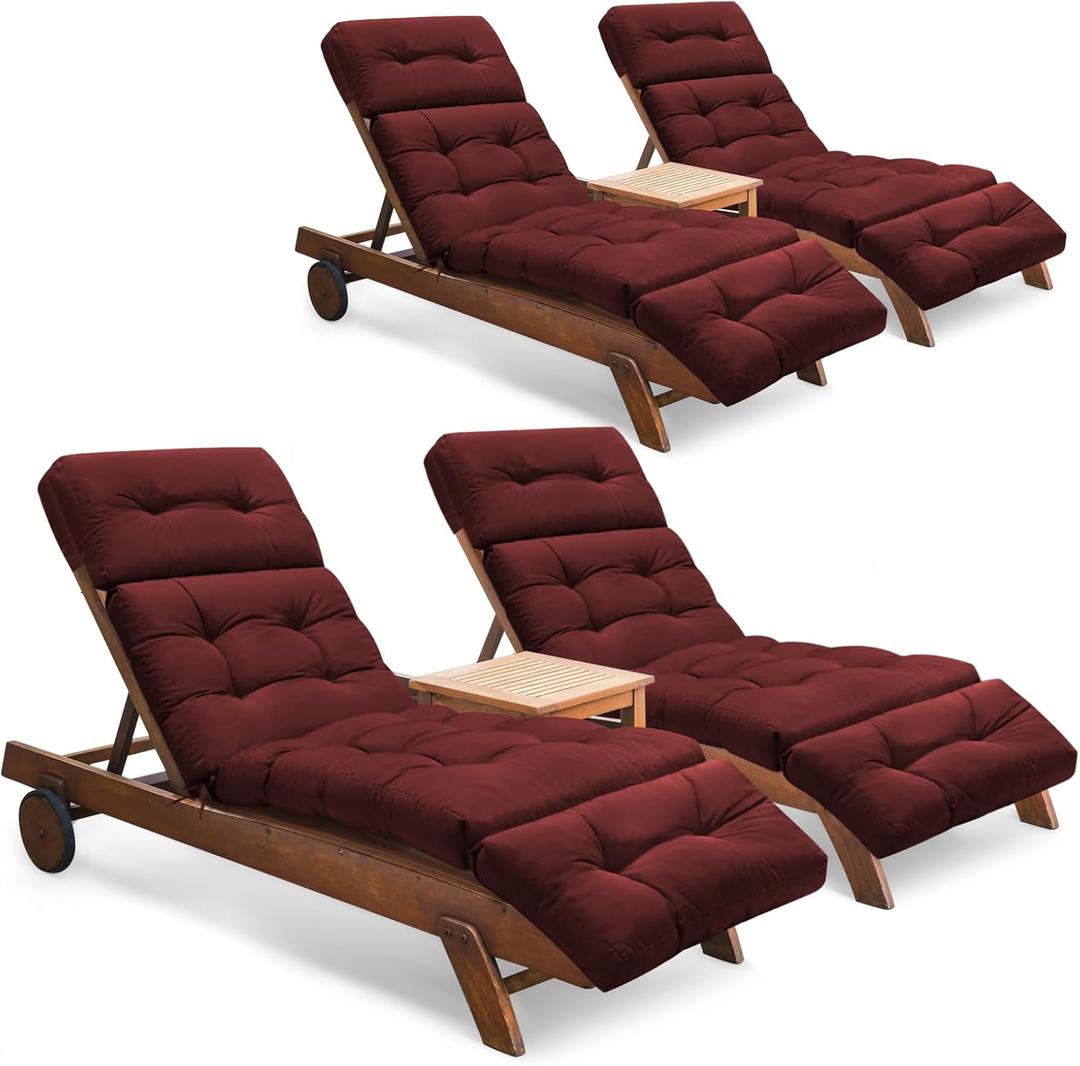 Outdoor Chaise Lounge Chair Cushion Set of 4, Thickened 74.4 x 22 x 4.7 Inches Memory Foam Waterproof Lounge Chair Cushions Replacement for Outdoor Furniture with Ties, Red, 4 Pack