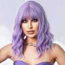 Miuric Lavender Purple Wig with Bangs Short Light Purple Wigs for Women Colorful Wavy Bob Wig Shoulder Length Women's Wigs Synthetic Heat Resistant Fiber Wigs for Cosplay Costume Party(14 Inches)