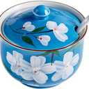 Hand-painted Flower Ceramic Seasoning Jar Condiment Pot Sugar Bowl with Lid and Spoon-Blue