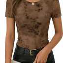 ZESICA Women's Floral Mesh Sheer Short Sleeve Tops 2026 Summer Business Casual Shirts Spring Fashion Clothes (Brown, S)