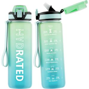 Water Bottle with Straw, 27oz Motivational Water Bottles with Time Marker to Drink, Tritan BPA Free, 750ml Sports Water Bottle with Carry Strap LeakProof for School Fitness Outdoor (1Pack) (Green Mint)