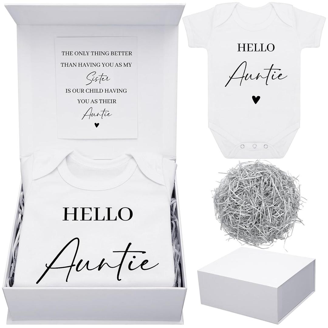 Shyyween 4 Pcs Pregnancy Announcement for Aunt, Hello Auntie Baby Bodysuit, Hello Auntie Pregnancy Reveal Card Baby Reveal Gift Box Baby Announcement Gifts Set for Aunt Women