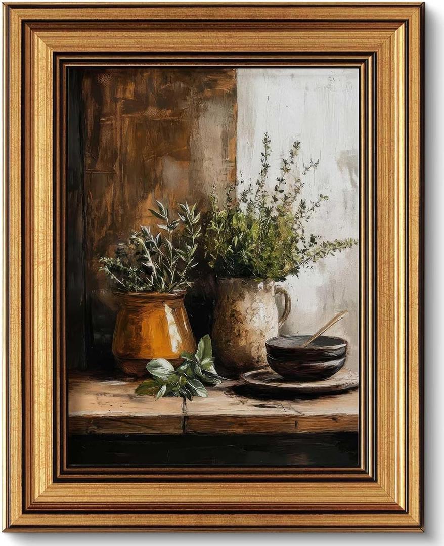 Vintage Gold Framed Canvas Wall Art Rustic Still Life Kitchen Farmhouse Picture Wall Decor Vintage Jars Culinary Herbs Oil Painting Print Art for Living Room Kitchen Bedroom Home Decoration 12x16in