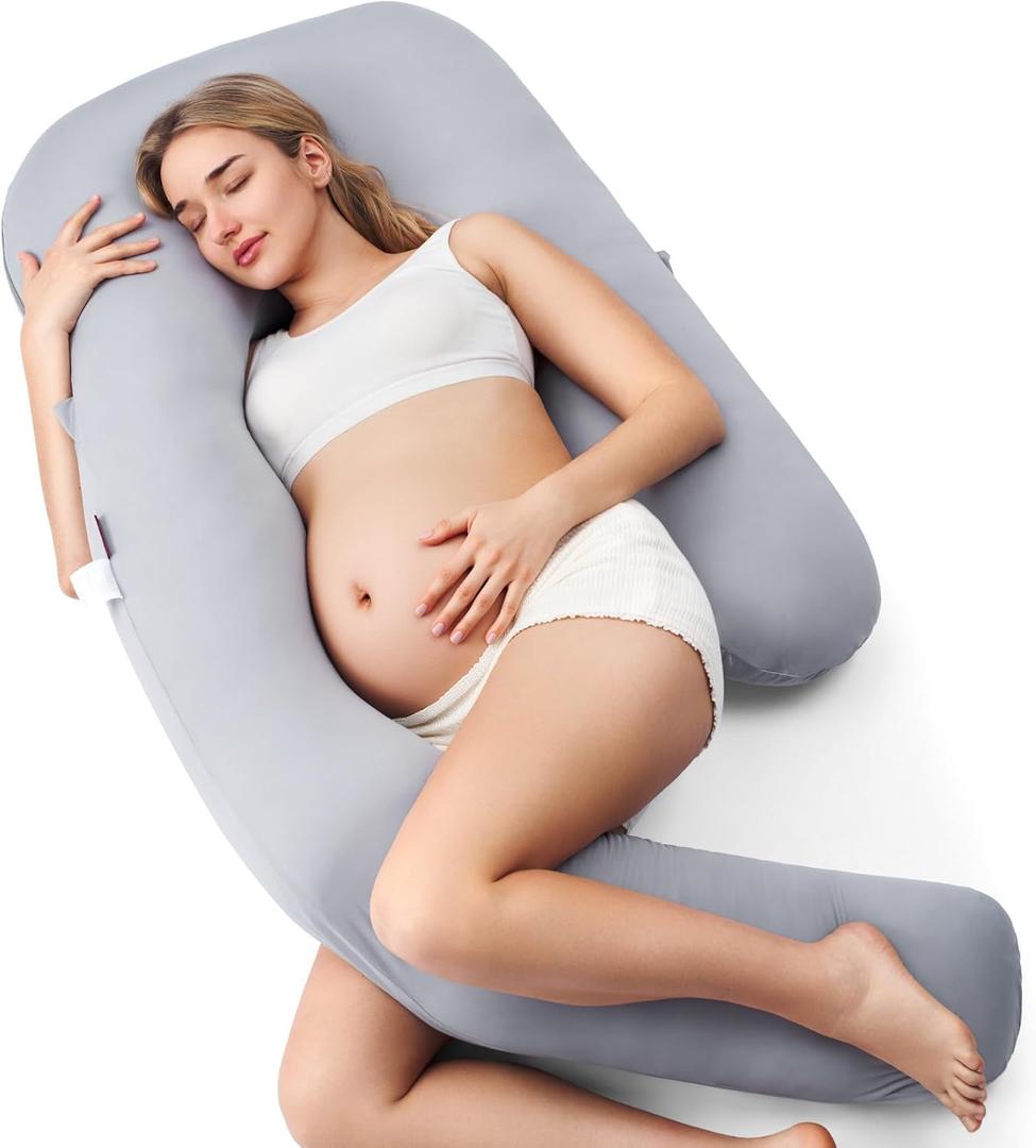 Momcozy Pregnancy Pillow with Cooling Cover, Dreamlign U Pro Maternity Pillow with Adjustable Leg Pillow - Support for Back, HIPS, Belly, Legs for Pregnant Women, 50-72 Inch Full Body Pillow, Grey, Up to 72inch