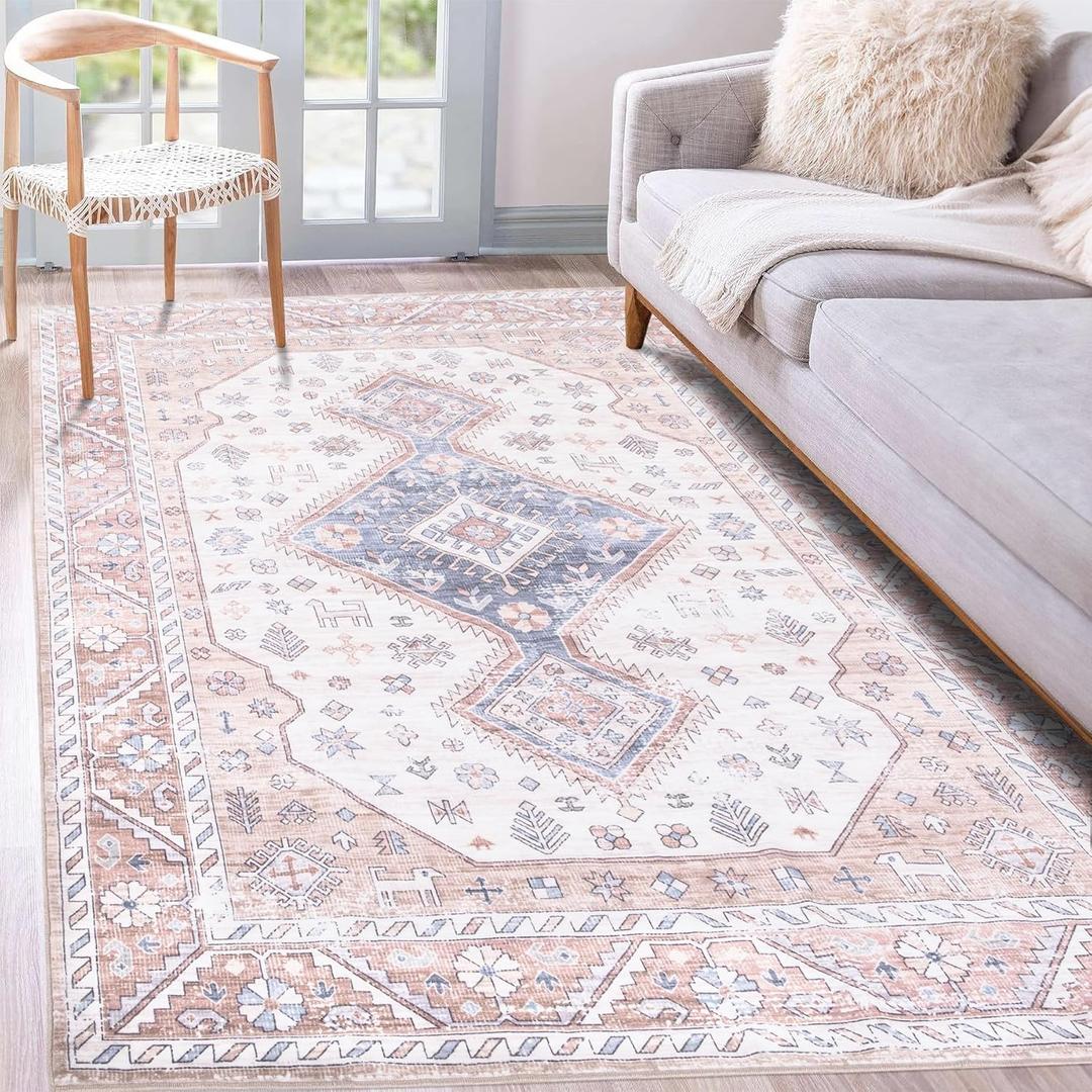 Washable Area Rug 5x7, Vintage Boho Non Slip Living Room Rug, Soft Faux Wool Foldable Carpet Nursery Rugs for Bedroom Dining Room Kids Playroom Home Office, Cream Brown