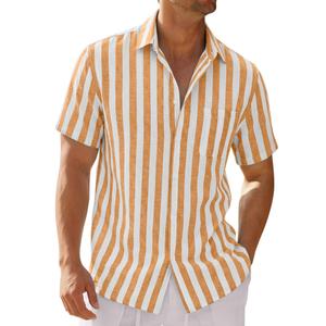 Runcati Mens Short Sleeve Linen Shirts Striped Casual Button Down Shirt Summer Beach Vacation Tops, M