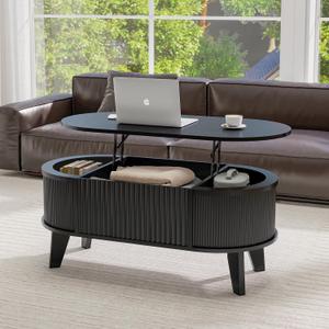 LYNCOHOME Fluted Lift Top Coffee Table with Storage,Modern Oval Coffee Table for Living Room or Home Office(Black), 38.6 inches x 18.9 inches x 17 inches
