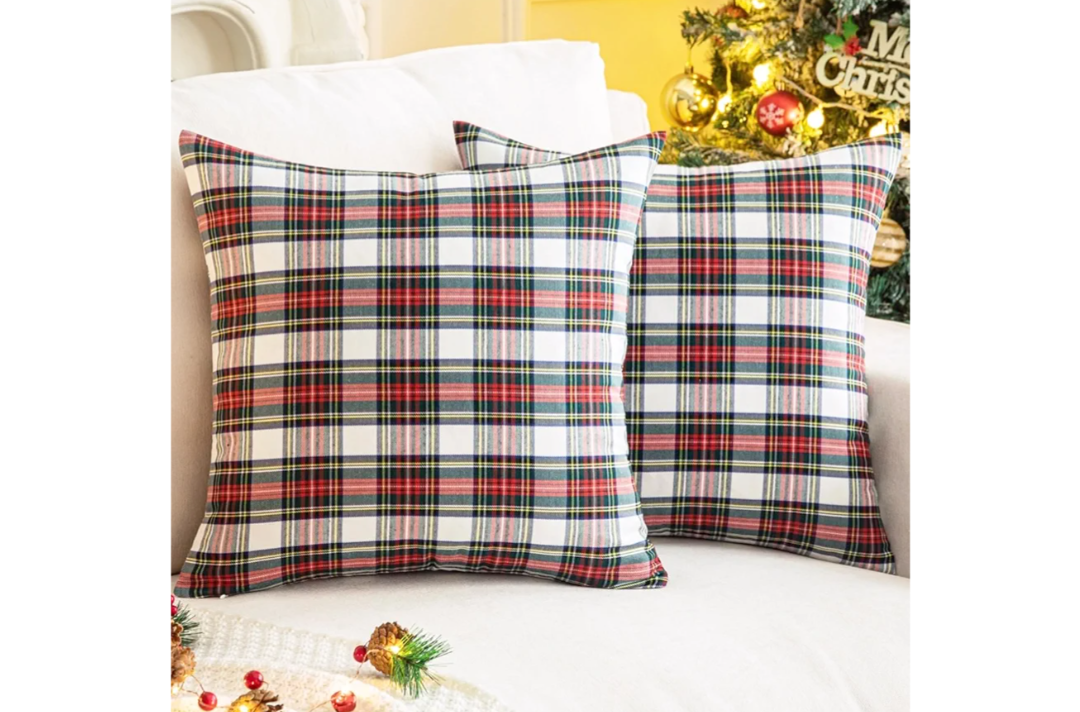 AQOTHES Pack of 2 Christmas Plaid Decorative Throw Pillow Covers Scottish Tartan Cushion Case for Farmhouse Home Holiday Decor Red and White, 18 x 18 Inches Red and White Plaid