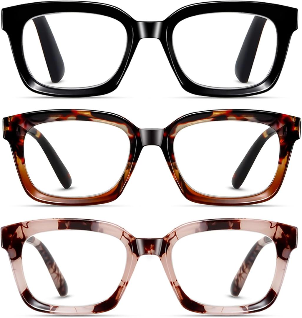 3 x Reading Glasses for Women, Blue Light Blocking stylish high end Oversized Square Computer Readers Spring Hinge（Black+Brown+LightPink，+3.5）