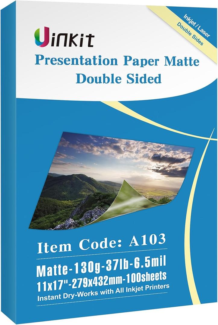 Uinkit 100 Sheets Matte Presentation tabloid paper 11x17 photo paper matte Double Sided 37lb Brochure Paper 6.5Mil for laser and Inkjet Printers (11x17 Inches)
