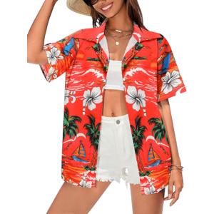 Womens Hawaiian Shirts Soft Cool Floral Print T-Shirt V Neck Short Sleeve Tropical Button Up Tops (Medium, Orange)