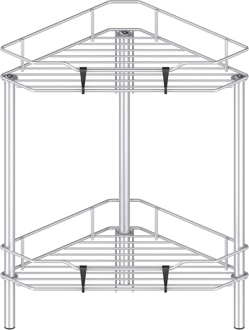 2 Tier Floor Standing Corner Shower Caddy Organizer Shelf with Hooks, Bathroom Shelves Stand Rack, Silver