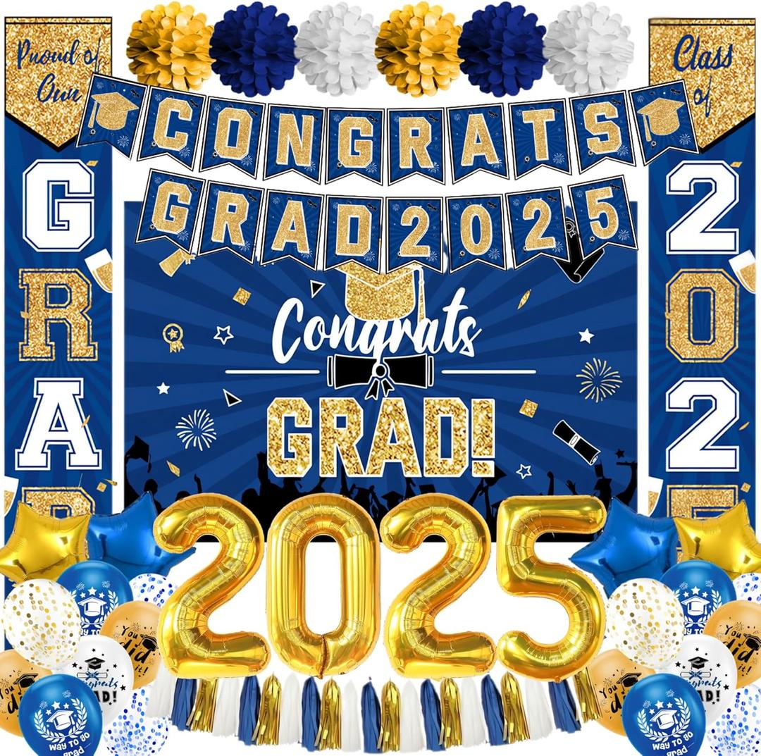 Lemoneon Class of 2025 Graduation Decorations Blue & Gold Party Supplies Favors with Banner Background 2025 Foil Balloons Tassels Pom Poms Star Balloons