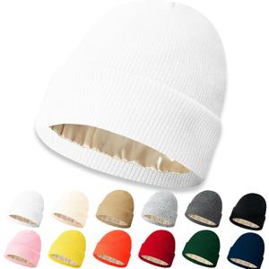 NPQQUAN Beanie for Men Women Winter Hats for Mens Beanie Cuffed Knit Beanies Skull Cap (White(with Satin Lined))