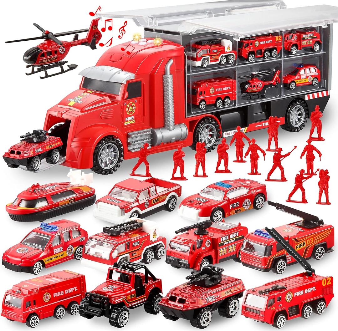 JOYIN 25 in 1 Fire Truck Vehicle Toy Set with Sounds and Lights, Fire Engine Vehicles in Carrier Truck, Mini Rescue Emergency Car Toy, Birthday Gifts for Over 3 Years Old Boys, Easter Basket