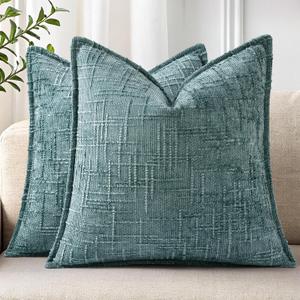 decorUhome Chenille Throw Pillow Covers 18x18 Set of 2, Thick Textured Slubby Neutral Decorative Pillow Covers with Elegant Design for Couch, Sofa, Living Room, Teal