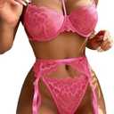 Lilosy Sexy Choker Floral Lace Scallop Sheer Underwire Push Up Garter Belt Lingerie Set 3 Piece Size L