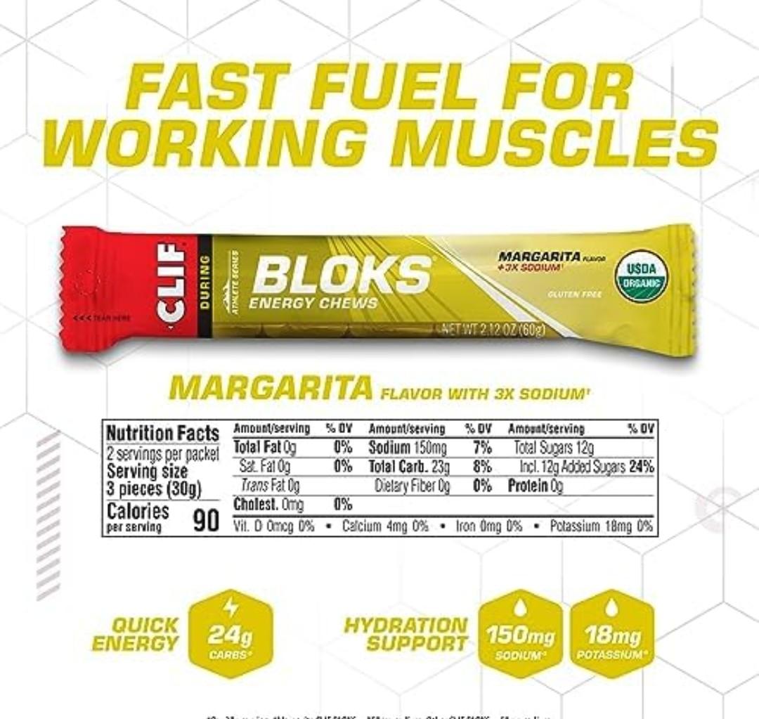 CLIF BLOKS - Margarita Flavor with 3X Sodium - Energy Chews - Non-GMO - Plant Based - Fast Fuel for Cycling and Running - Quick Carbohydrates and Electrolytes - 2.12 oz. (4 Count), Best By: 12 Oct 2026