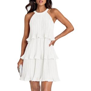 ZESICA Women's 2026 Summer Halter Cocktail Dresses Sleeveless Ruffle Tiered Chiffon Pleated Wedding Guest Mini Dress (Large, White)