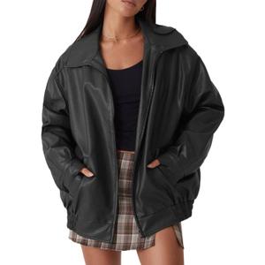 Womens Oversized Faux Leather Motocycle Jacket Zip Up Outwear Coat with Pockets (Black, L)