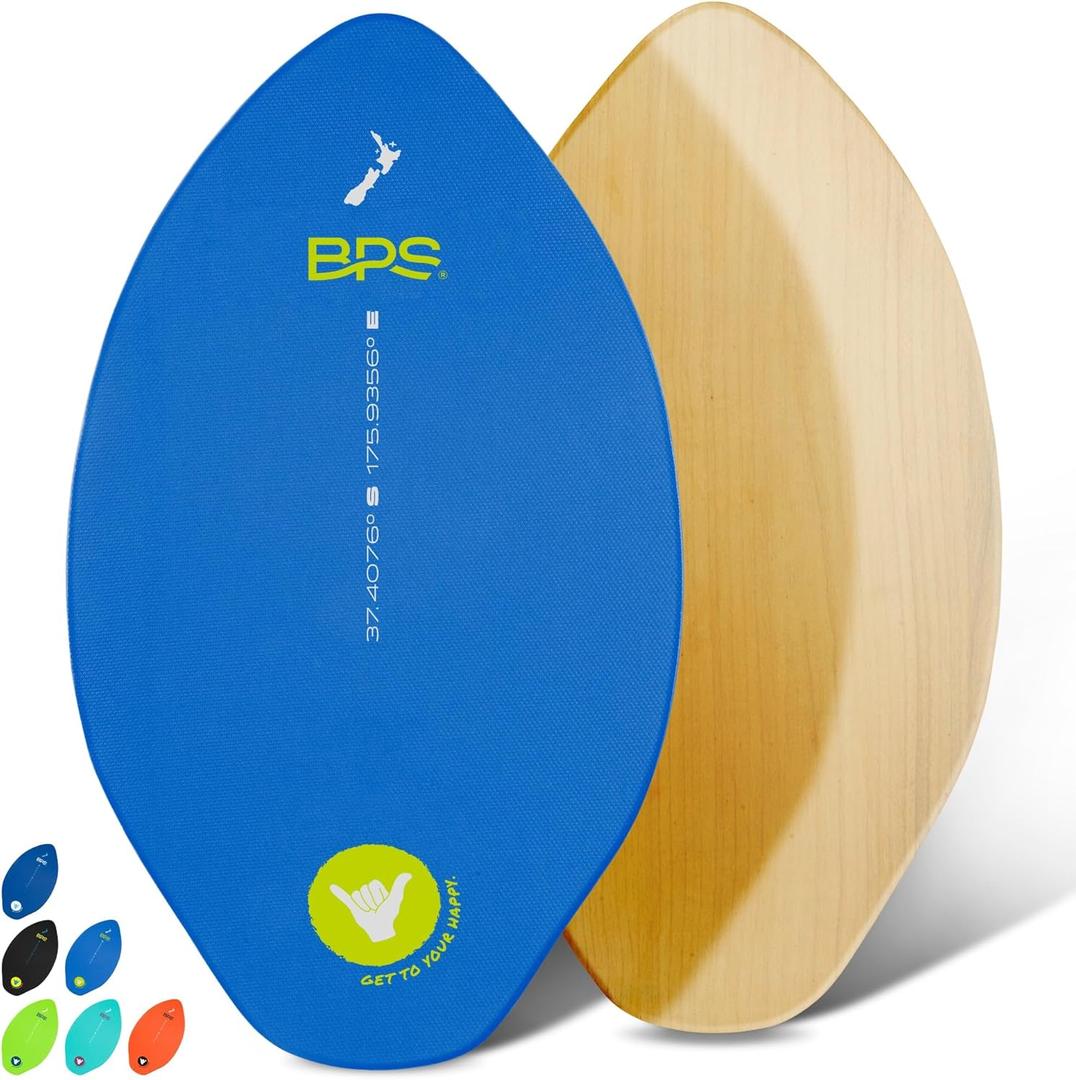 BPS New Zealand Shaka Skimboard with Colored EVA Grip Pads and High Gloss Clear Coat Wooden Skim Boards for Beach Adventures | Choose from 3 Sizes and Traction Pad Color (Blue)